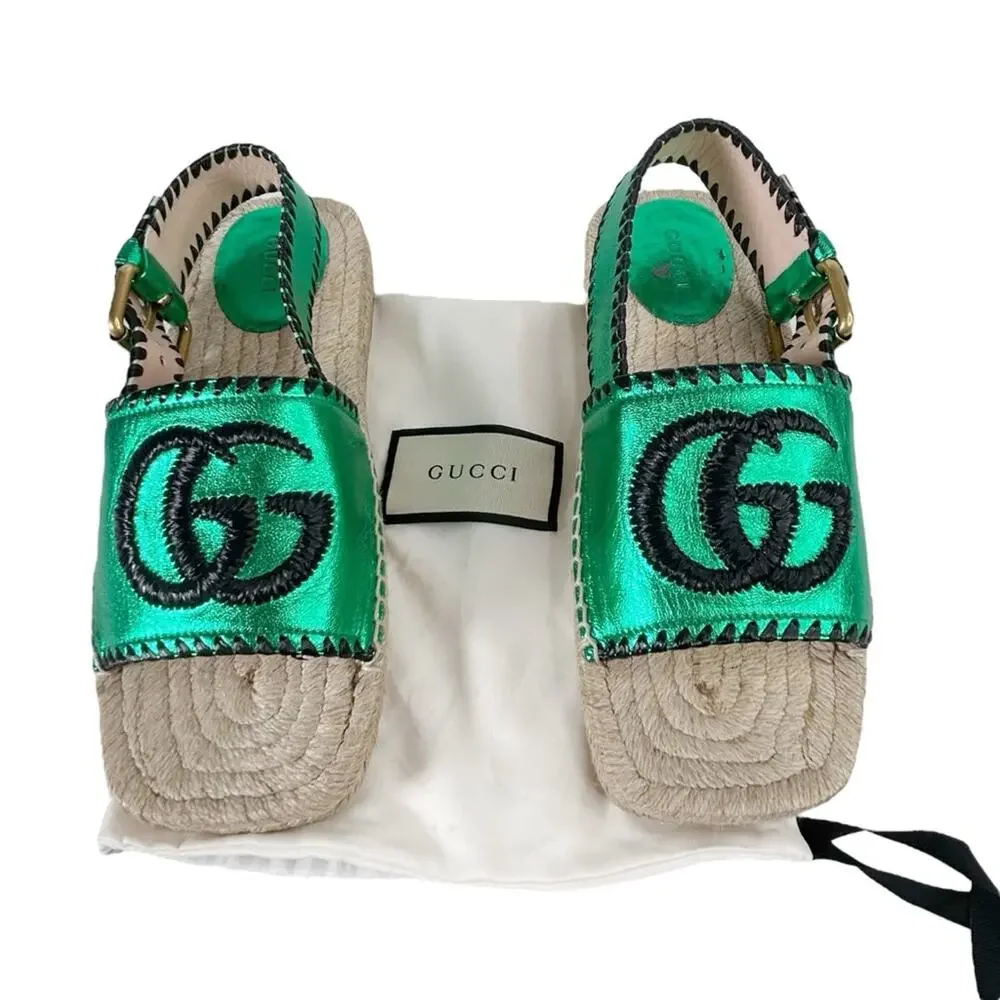 GUCCI Pilar Embroidered Double G Slingback Metallic Green Espadrille Sandals - Picture 6 of 11